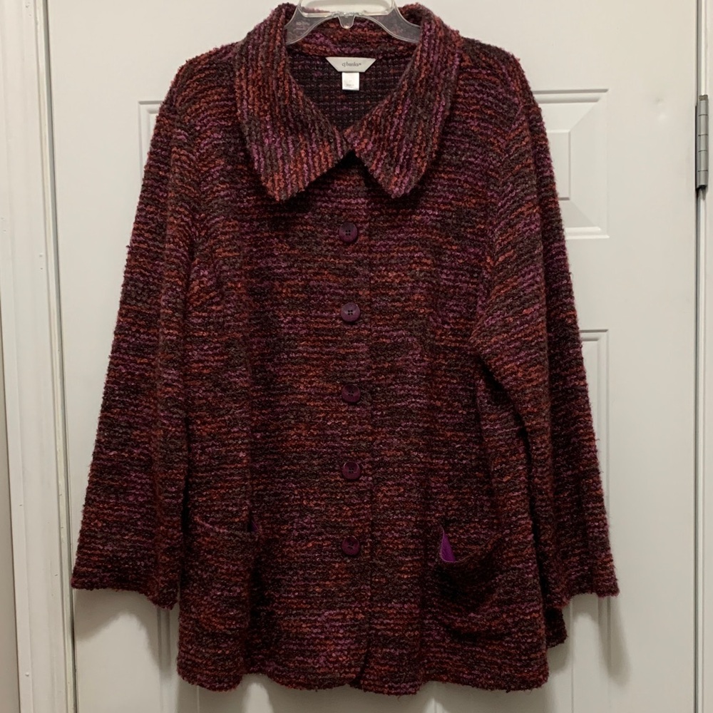 CJ Banks Maroon & Lilac Multi Knit Button-Front Coat Size 3X